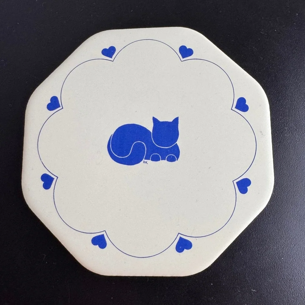 RK Ceramic Blue & White Tile Coaster Cat Lover Decor‎ Cottagecore 80s Vintage